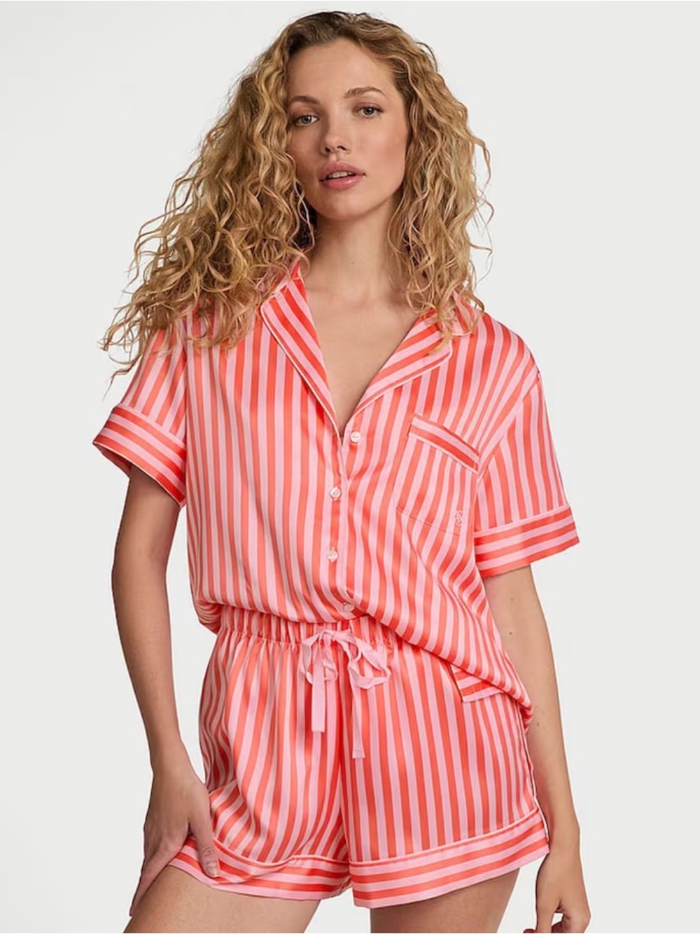 VICTORIAS SECRWT- Women's Coral/Pink Satin Striped Short Pajama Set